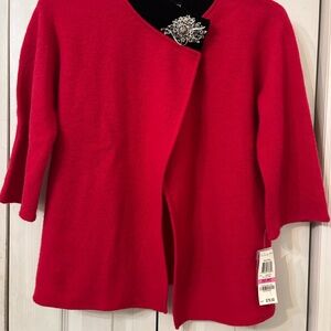 JM Collection Vibrant Red Cardigan w/Brooch Snap Closure